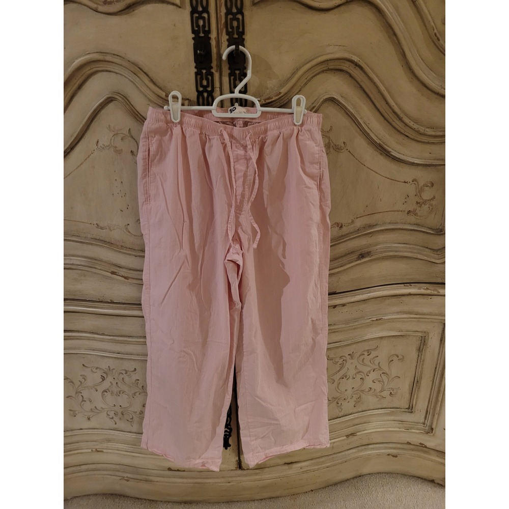SO Pink Striped Cropped Pants Womens Large Elastic Waist Drawstring Cotton Blend
